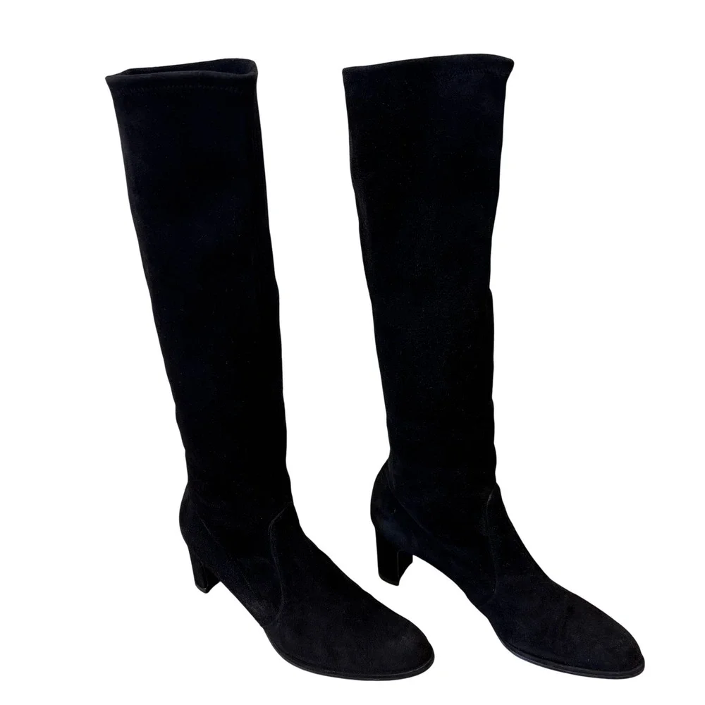 Stuart Weitzman Chicboot Knee High Womens 8 Black Suede Block Heel‎ A408501